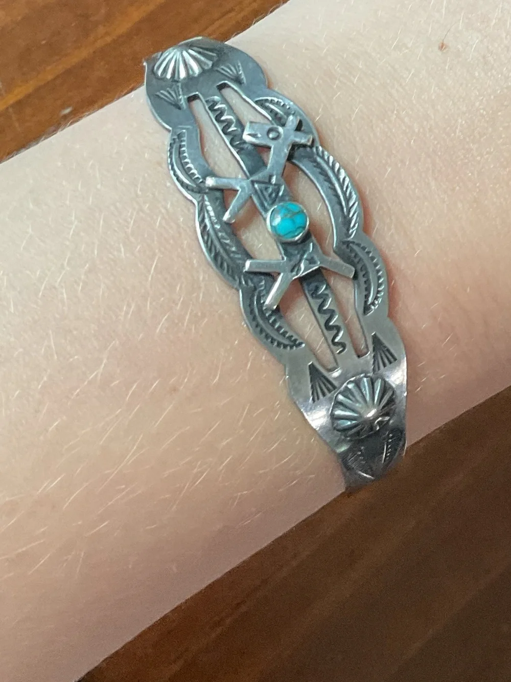 Vintage Sterling Silver Turquoise Native American Cuff Bracelet Artisan Signed